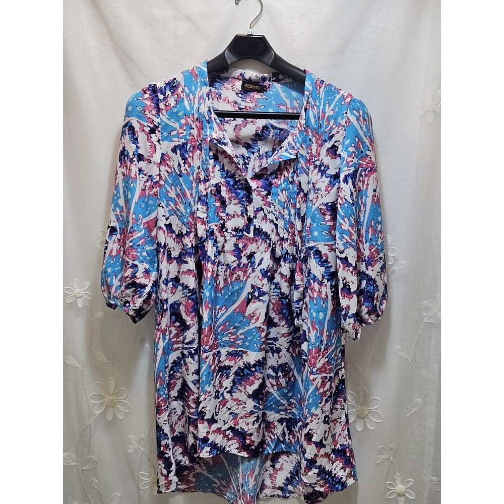 Reborn Womens XL Blue Tunic Top Flowy Hi-Low Abstract Watercolor Peasant Tie-dye